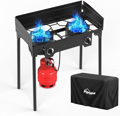 2 Burner Propane Camp Stove | 150,000 BTU | High Pressure Gas Burners | CSA Certified | Windscreen | Waterproof Cover | Detachable Legs | Ideal for Camping Tailgating Backyard Outdoor Cooking