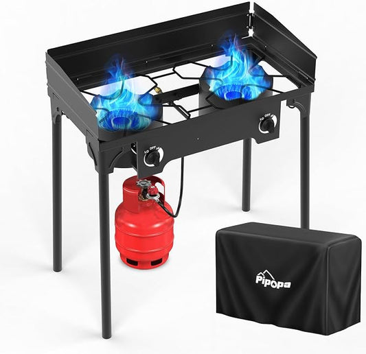 2 Burner Propane Camp Stove | 150,000 BTU | High Pressure Gas Burners | CSA Certified | Windscreen | Waterproof Cover | Detachable Legs | Ideal for Camping Tailgating Backyard Outdoor Cooking