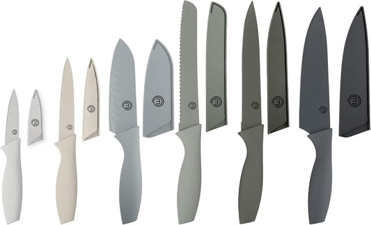 MasterChef Kitchen Knife Set with Covers, 6 Professional Chef Knives for Home Kitchens, Extra Sharp Cutting Stainless Steel Blades & Protective Sheaths, Soft-Touch Easy-Grip Handles, Earth Greys