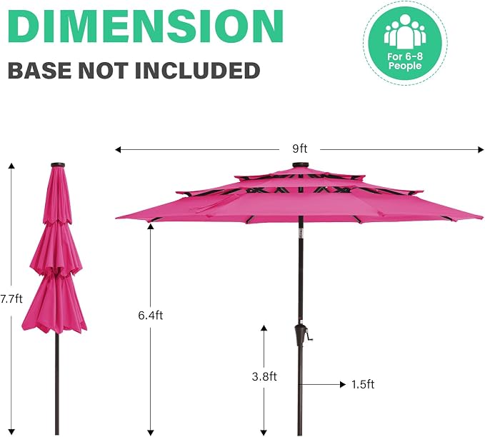 JEAREY 9 ft 3-Tier Outdoor LED Lighted Patio Umbrella w/Crank, Pink | Solar Market Table Umbrella with 8 Sturdy Ribs, UV Protection Waterproof Sunproof for Garden, Deck and Backyard