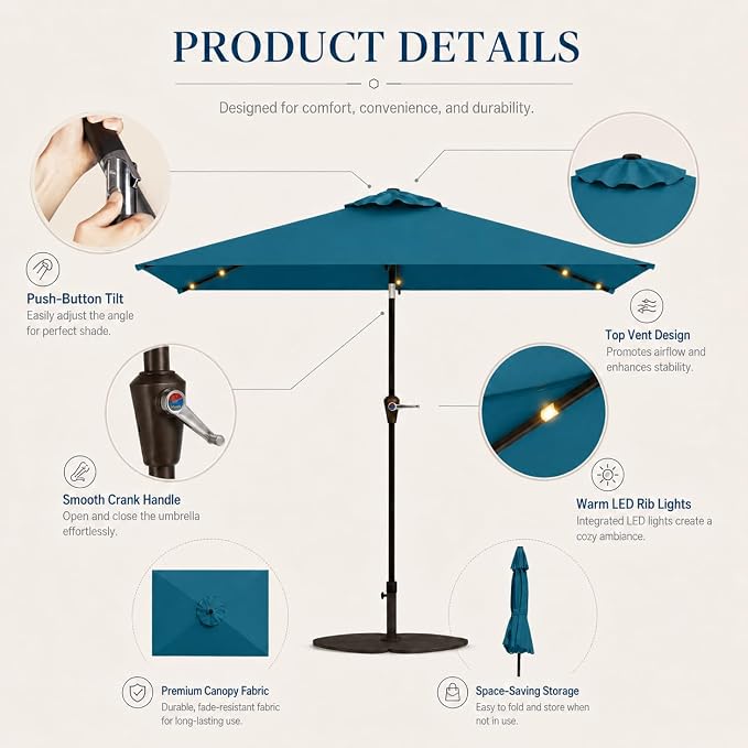 6.5 x 10ft Rectangular Patio Umbrella with Solar Lights, 16 LED Lighted Market Umbrella with Push-Button Tilt and Crank, 6 Sturdy Iron Ribs for Garden, Deck, Pool, Lake Blue