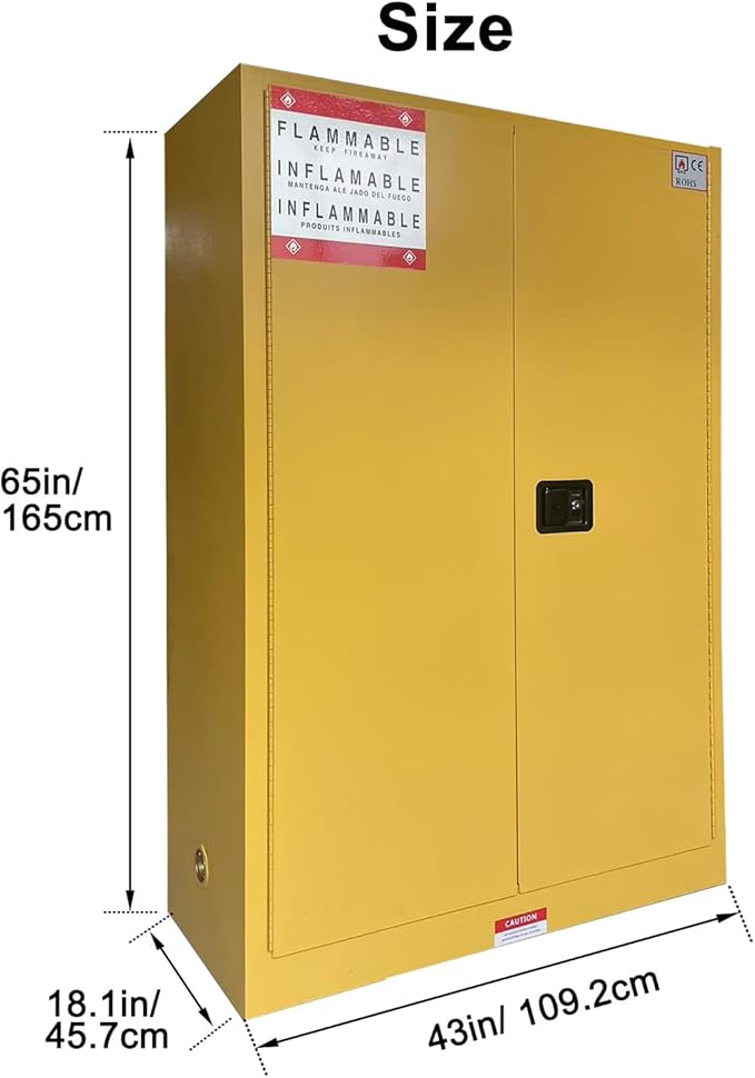Flammable Liquid Storage Cabinet 43" x 18" x 65" Safety Hazardous Lockers | 45 Gal Fire Proof Safe, Double Wall Steel, 2 Manual Doors, Dual Locks, 2 Adjustable Shelves, For Gasoline Liquid Chemical