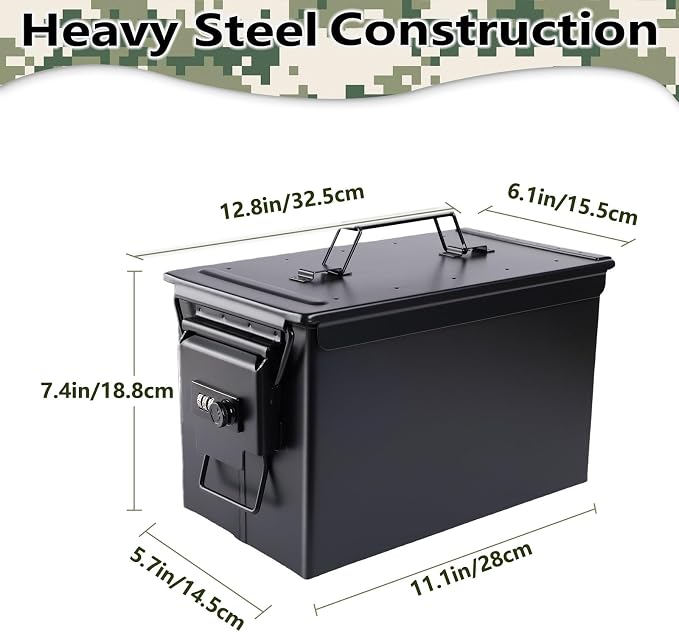 Ammo Can&Ammo Box, Fireproof & Waterproof Metal Storage Box - Perfect for Ammo, Lithium Batteries & RC Car Batteries (Round Lock, Black-12.8 * 7.4 * 6.1")