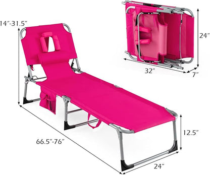 HAPPYGRILL Folding Tanning Chair with Face Hole, Outdoor Beach Sunbathing Chaise Lounge with Adjustable Backrest, Side Pocket, Pillow, Portable Recliner for Poolside Backyard