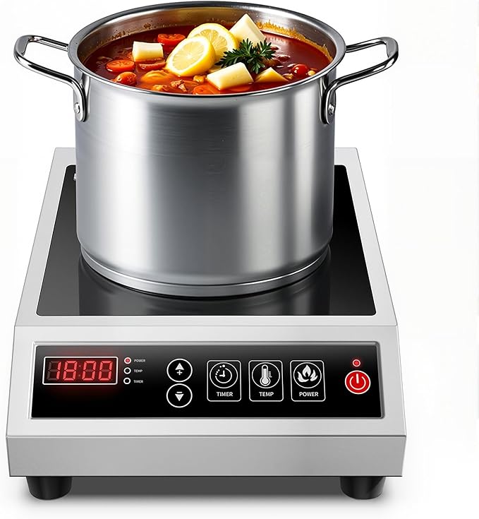 Induction Cooktop Commercial 1800W, Portable Countertop Burner with 8" Fast Heating Coil, 11 Temp/Power Levels, 24H Timer Stainless Steel Electric Stove for for RV Home Kitchen