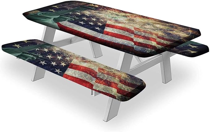 4th of July USA Flag Picnic Table and Bench Fitted Covers, American Flag Composite Photo of States Idols with Fireworks on Background, 28x72 Inch for Dining, Outdoor Camping USE, 3-Piece Set