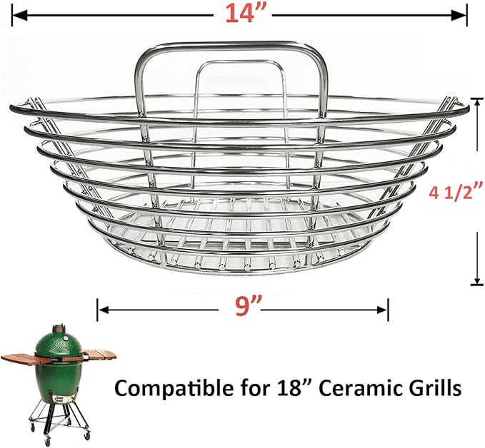 Lump Charcoal Fire Basket with Divider Stainless Steel Grill Ash Baskets Fits 18" Big Green Egg Accessories, Kamado Joe Classic Large Green Egg Basket Replacement