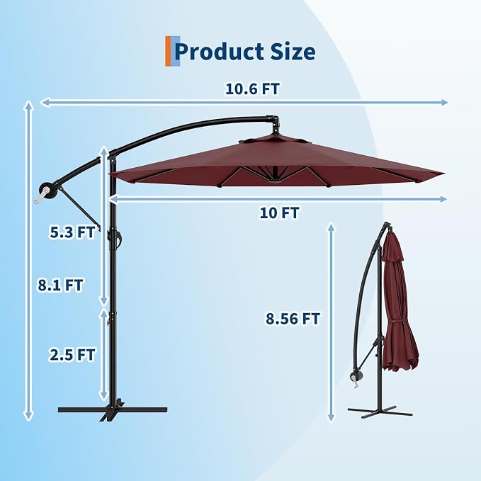 Garvee 10FT Offset Patio Umbrella with Cross Base, Burgundy | Cantilever Umbrella with Easy Lift & Tilt Adjustment, 8 Ribs Sun umbrella UV Protection for Backyard, Pool, Garden
