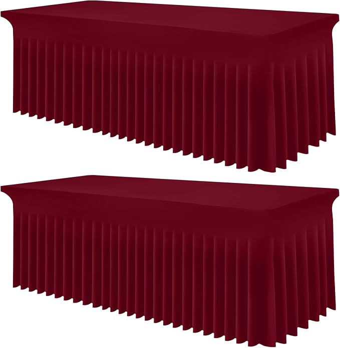 Smiry 2 Pack Spandex Elastic Fitted Table Cloth Skirt for 8FT Table | Stretch Washable Table Cloth, Banquet Table Cover for Wedding, Party, Indoor & Trade Shows, (Burgundy, 96Lx30Wx30H)