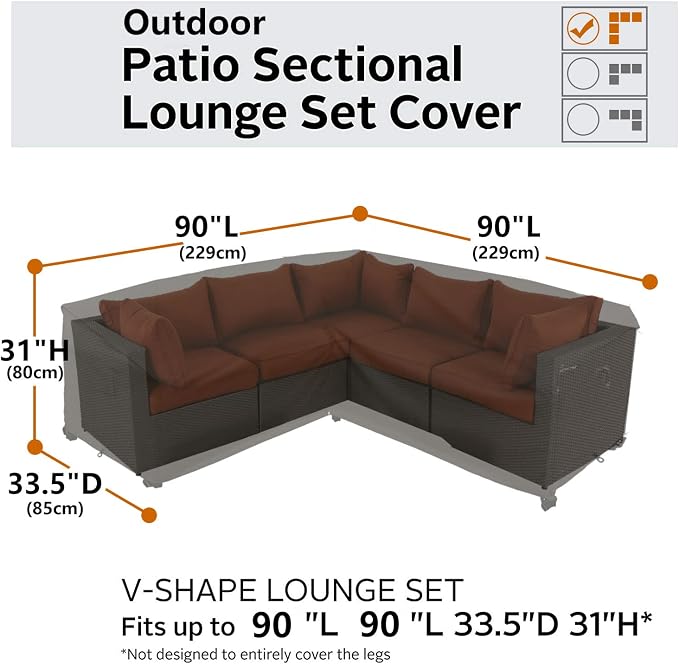 Heavy Duty Outdoor Sectional Sofa Cover, Waterproof 600D Patio Sectional Couch Cover, Lawn Patio Furniture Protector(Storm Grey, V-Shaped-90 x 90")