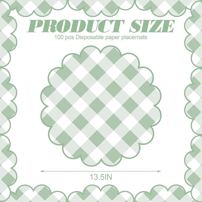 100 Pcs Checkered Paper Placemats Sage Green Gingham Place Mats 13.5 Inch Disposable Round Decorative Dining Table Mat with Scalloped Edge Paper Cutouts Decor for Picnic BBQ Table Party Supplies