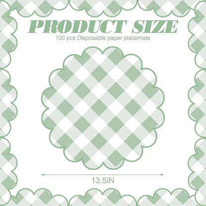 100 Pcs Checkered Paper Placemats Sage Green Gingham Place Mats 13.5 Inch Disposable Round Decorative Dining Table Mat with Scalloped Edge Paper Cutouts Decor for Picnic BBQ Table Party Supplies