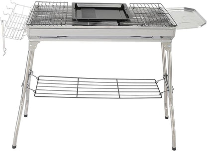 Portable BBQ Charcoal Standing Grill, Stainless Steel Metal Outdoor Cooking Grill for Steaks in Courtyard, Backyard Patio, Camping, Tailgating, and Picnics with Steel Grill, Mesh and Tray Silver