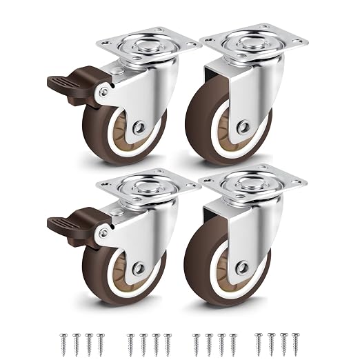 Nefish 2 Inch Swivel Caster Wheels for Furniture Rubber Casters Set of 4 Heavy Duty of 600 Lbs No Noise Locking Plate Castors for Cabinet, Table, Workbench (2 with Brake and 2 Without)
