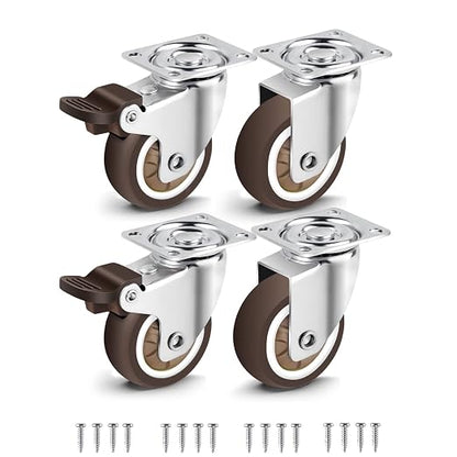 Nefish 2 Inch Swivel Caster Wheels for Furniture Rubber Casters Set of 4 Heavy Duty of 600 Lbs No Noise Locking Plate Castors for Cabinet, Table, Workbench (2 with Brake and 2 Without)