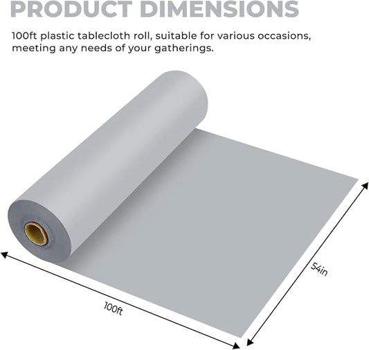 54 Inch X 100 Feet Plastic Table Cover Roll Premium Disposable Plastic Tablecloth for All Type/Shape Tables | Picnic, Party, Banquet, Birthdays, Weddings (Silver Grey, 54 Inch X 100 Feet)