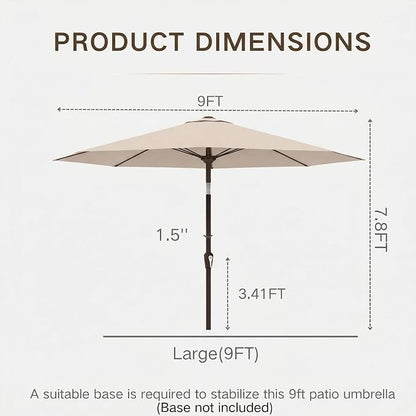 Kingdura 9FT Outdoor Patio Umbrella, Round Market Table Umbrella with Push‑Button Tilt and Crank Lift, 8 Sturdy Metal Ribs, UV50+ Protection Canopy for Backyard, Lawn, Deck, Poolside, Garden (Beige)