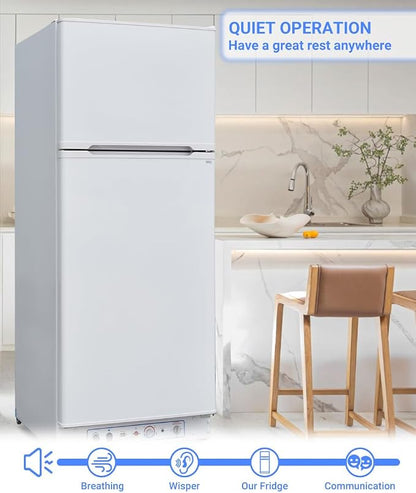 Propane Refrigerator with Freezer 9.4 Cu.Ft, 110V/LPG Off Grid Gas Refrigerator, Reversible Door, Quiet & Energy-Saving for Cabin, Camper, and Home Use