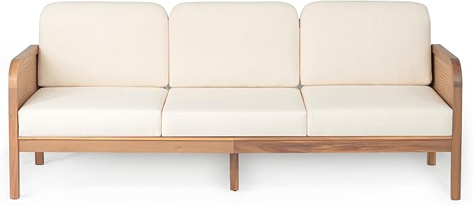 Christopher Knight Home Jidah Acacia Wood Outdoor 3 Seater Sofa with PE Wicker Armrest, Solid Wood Patio Sofa with Removable Cushion, Comfy Lounge Sofa for Patio Furniture Set, Light Teak+Beige