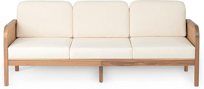Christopher Knight Home Jidah Acacia Wood Outdoor 3 Seater Sofa with PE Wicker Armrest, Solid Wood Patio Sofa with Removable Cushion, Comfy Lounge Sofa for Patio Furniture Set, Light Teak+Beige