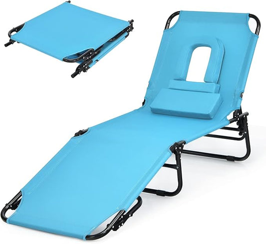 Folding Beach Lounge Chair w/ 5 Adjutable Backrest & Padded Pillow, Sunbathing Lounger Chair, Sun Tanning Lay Flat Chair for Seaside Pool Deck, Max Load 330 LBS, No Assembly Required (Navy)