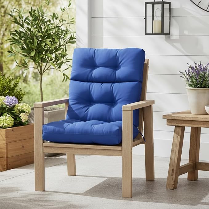 Outdoor Tufted High-Back Chair Cushions, One-Piece Hinged Seat and Back Design, Reversible with 4 Ties, Durable Polyester Fabric, Recycled Fiber Fill - Single, Marine Blue