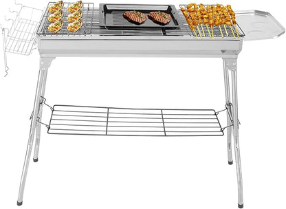 LEADZM Stainless Steel Barbecue Grill, BBQ Charcoal Foldable & Portable Grill, Great for Outdoor Cooking Camping Hiking Picnics Tailgating, Silver 39.3"×12.2"×27.9"