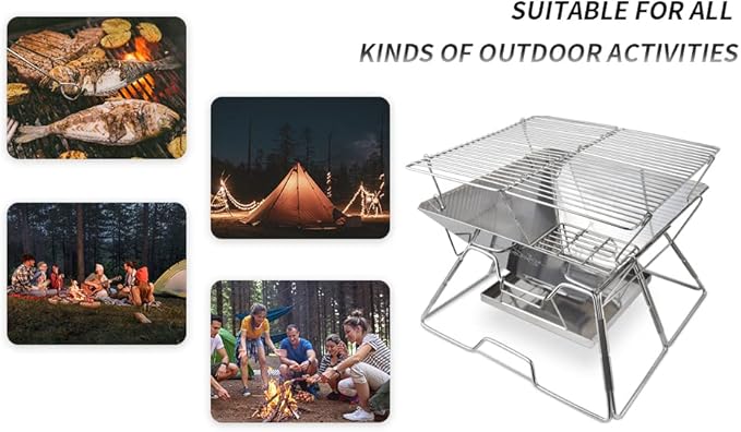 Tentock Folding Campfire Grill, Portable Fire Pit Grill for Camping, bbq Grill Charcoal 304 Stainless Steel Grate Barbeque Grill with Carrying Bag