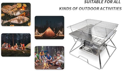 Tentock Folding Campfire Grill, Portable Fire Pit Grill for Camping, bbq Grill Charcoal 304 Stainless Steel Grate Barbeque Grill with Carrying Bag