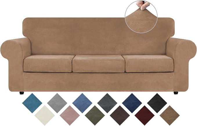 WEERRW 4 Pieces Couch Cover for Sofa Velvet Sofa Covers Washable, Camel | Sofa Covers for 3 Cushion Couch Furniture Protector Sofa Slipcovers with Non Slip Elastic Bottom, Pet Friendly, Large