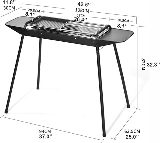 Portable Charcoal Grill Folding Stainless Steel Smoker BBQ Grill Adjustable Height Barbecue Grill with Removable Side Table for Outdoor Cooking Camping