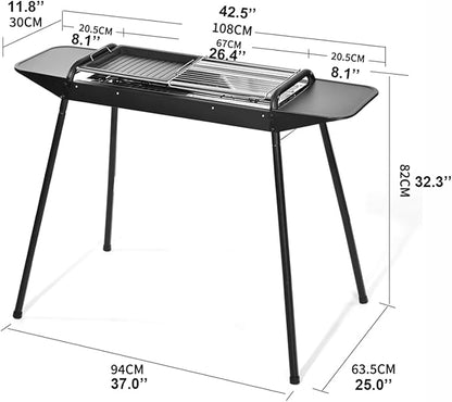 Portable Charcoal Grill Folding Stainless Steel Smoker BBQ Grill Adjustable Height Barbecue Grill with Removable Side Table for Outdoor Cooking Camping