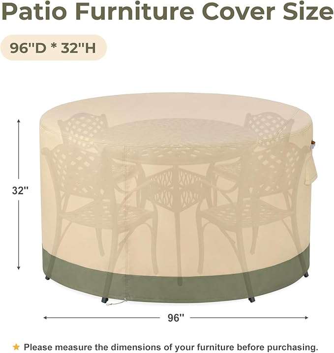 BPS Waterproof Patio Table and Chairs Cover, 600D Anti-UV Outdoor Dining Furniture Set Cover with Air Vent and Storage for Patio Round Sectional Set, 96''Dia x 32''H