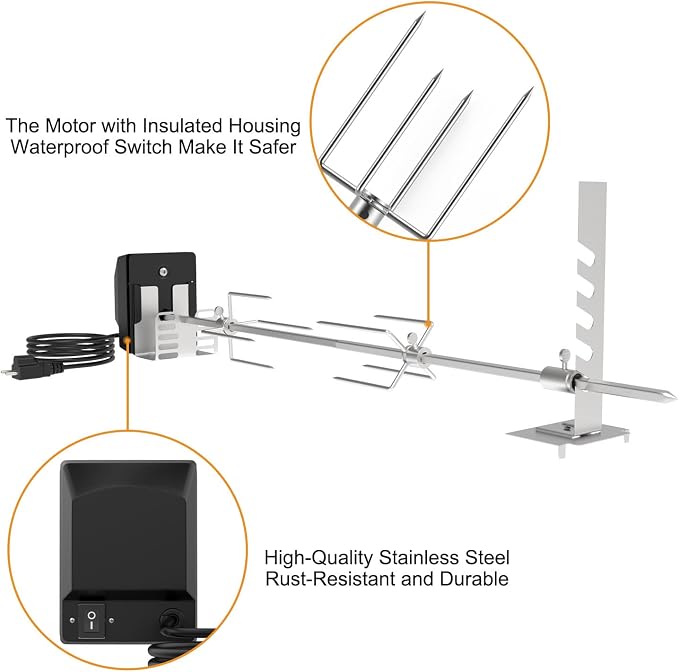 Universal Rotisserie Grill Kit for Most 2–6 Burner Grills,w/120V 4W Motor | UL Certificated BBQ Rotisserie Motor Kit, 28" Splicable Spit Rod, Meat Forks, Adjustable Brackets, Holds Up to 20 Lbs Roasts