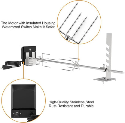 Universal Rotisserie Grill Kit for Most 2–6 Burner Grills,w/120V 4W Motor | UL Certificated BBQ Rotisserie Motor Kit, 28" Splicable Spit Rod, Meat Forks, Adjustable Brackets, Holds Up to 20 Lbs Roasts