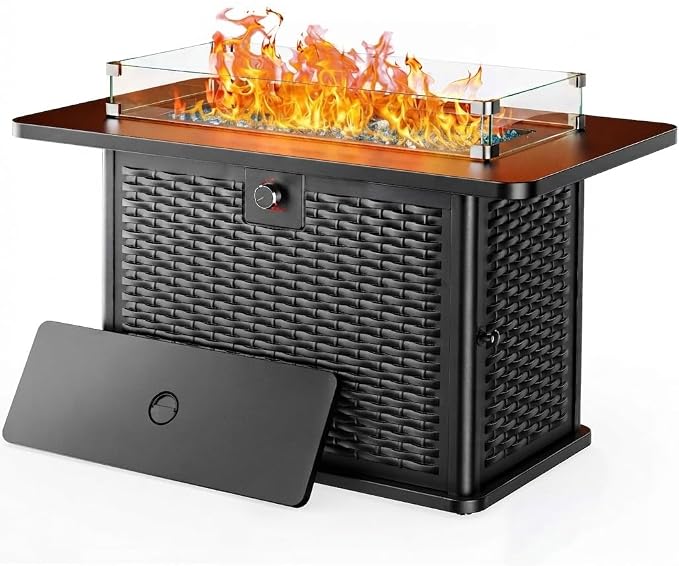 Ciays 43-Inch Rectangular Propane Fire Pit with 60,000 BTU Output, Outdoor Gas Fire Pit Table Premium for Outside Patio with 304 Stainless Steel H-Burner, Glass Stones, and Wind Guard