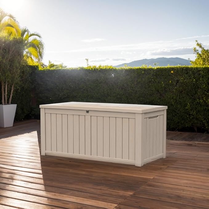 150 GallonOutdoor Storage Box,Resin Deck Boxes Waterproof, IndoorOutdoor Bin for Package Delivery, Patio Cushions, Gardening Tools, Lockable, UV Resistant