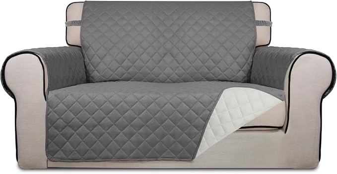 PureFit Reversible Quilted Couch Covers for Dogs Loveseat Sofa Cover 46.5” | Gray/Ivory, Water Resistant Couch Protector, Washable Pet Couch Cover with Non Slip and Elastic Straps For Kids