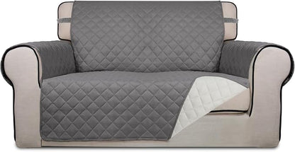 PureFit Reversible Quilted Couch Covers for Dogs Loveseat Sofa Cover 46.5” | Gray/Ivory, Water Resistant Couch Protector, Washable Pet Couch Cover with Non Slip and Elastic Straps For Kids