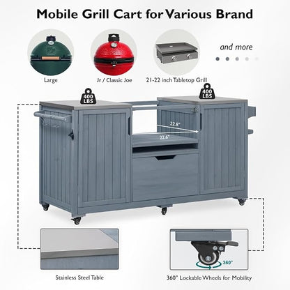 66.5" Outdoor Kitchen Island with Stainless Top & Rolling | Adjustable shelves,lockable wheels,storage cabinet,sturdy stainless top,space-saving for patio/backyard/outdoor,easy assembly