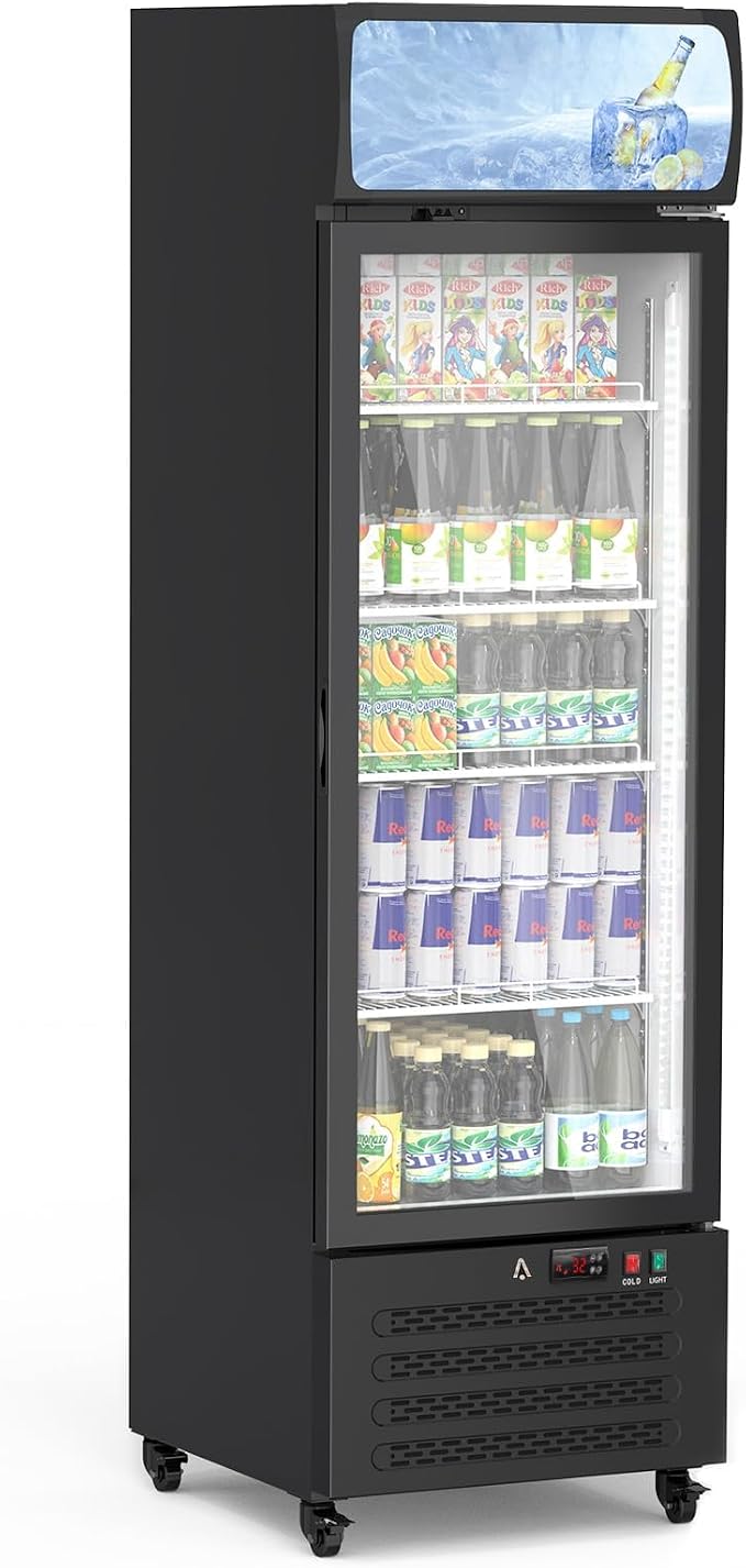 11.3 Cu.Ft Commercial Display Refrigerator,Glass Door Beverage Cooler with Adjustable Shelves,LED Lighting & Advertising Panel, Mobile Design, Black