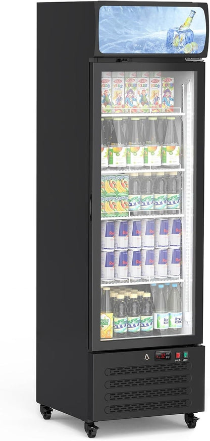 11.3 Cu.Ft Commercial Display Refrigerator,Glass Door Beverage Cooler with Adjustable Shelves,LED Lighting & Advertising Panel, Mobile Design, Black