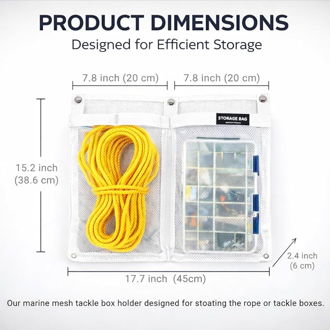 Marine Mesh Double Pocket Boat Gear Storage Bag, Polyester Boat Rope Storage Bag, Screw Snap Mount, (White, Large)