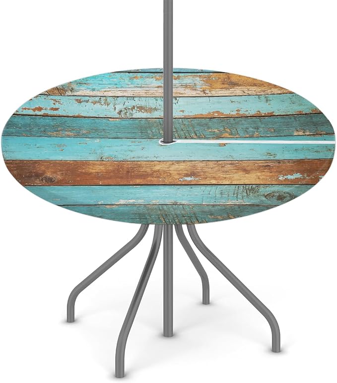 Teal Wooden Texture Outdoor Fitted Round Tablecloth with Umbrella Hole, 36"-44" Elastic Patio Table Cloth with Zipper Oil-Proof Waterproof Patio Table Cover for Picnic Party Spring Decoration