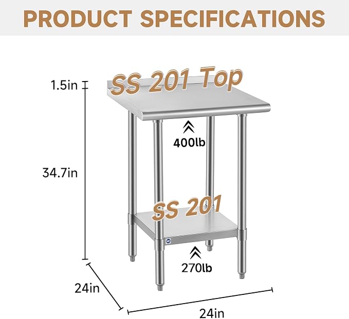 ROCKPOINT All Stainless Steel Perp Table with Backsplash 24x24 Inch, Commercial Heavy Duty Table with Stainless Legs & Adjustable Undershelf, 670 lb Capacity for Restaurant,Home and Outdoor Kitchens