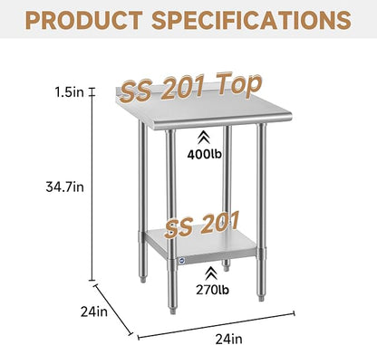 ROCKPOINT All Stainless Steel Perp Table with Backsplash 24x24 Inch, Commercial Heavy Duty Table with Stainless Legs & Adjustable Undershelf, 670 lb Capacity for Restaurant,Home and Outdoor Kitchens