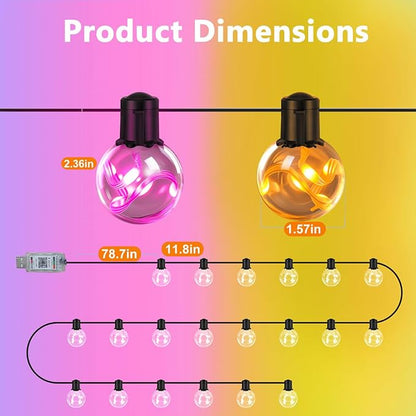 Outdoor String Lights USB plug in, 25ft 20 G40 Bulbs LED Color Changing Hanging Lights Dimmable with 220+ Scene Modes, App Control, IP65 Waterproof Globe Bulb for Patio Backyard Balcony Decor