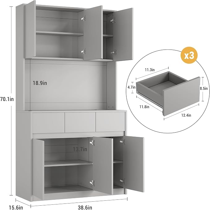 71" Kitchen Pantry Cabinet,Tall Storage Cabinet, Kitchen Storage Hutch | Shelves Adjustable,With Microwave Shelf,Coffee Bar,Led Lights&Charging Station,Corner Pantry Cabinet for Living Room