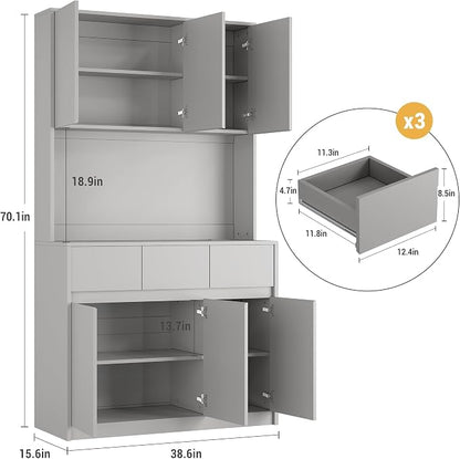 71" Kitchen Pantry Cabinet,Tall Storage Cabinet, Kitchen Storage Hutch | Shelves Adjustable,With Microwave Shelf,Coffee Bar,Led Lights&Charging Station,Corner Pantry Cabinet for Living Room