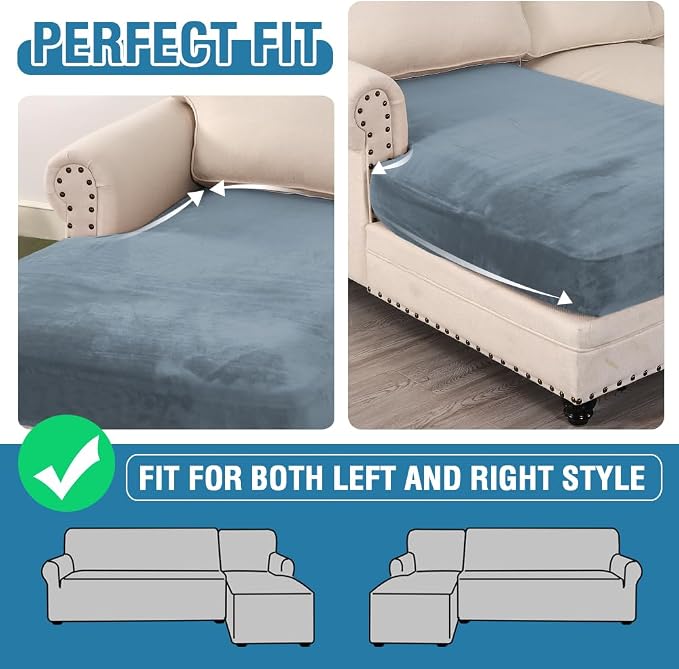 H.VERSAILTEX Velvet Stretch Individual Chaise Cover Sectional Couch Covers for L Shaped Sofa Both Left/Right Furniture Protector Seat Cushion Sofa Cover (1 Piece Chaise Cover, Stone Blue)